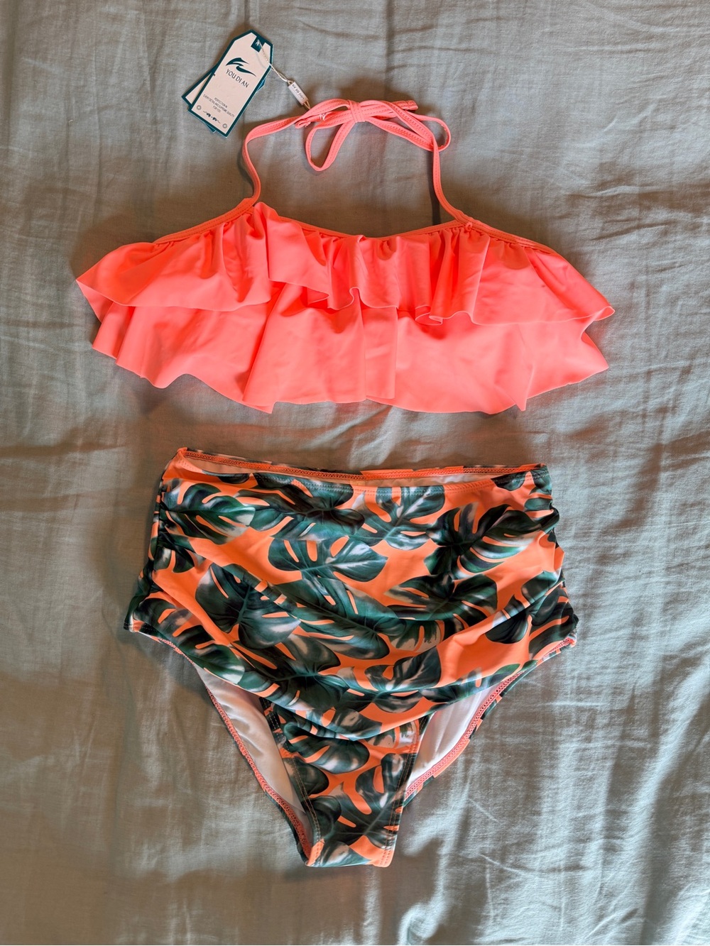 Women’s Size Large Neon Coral Ruffle Bikini Set with Tropical Print